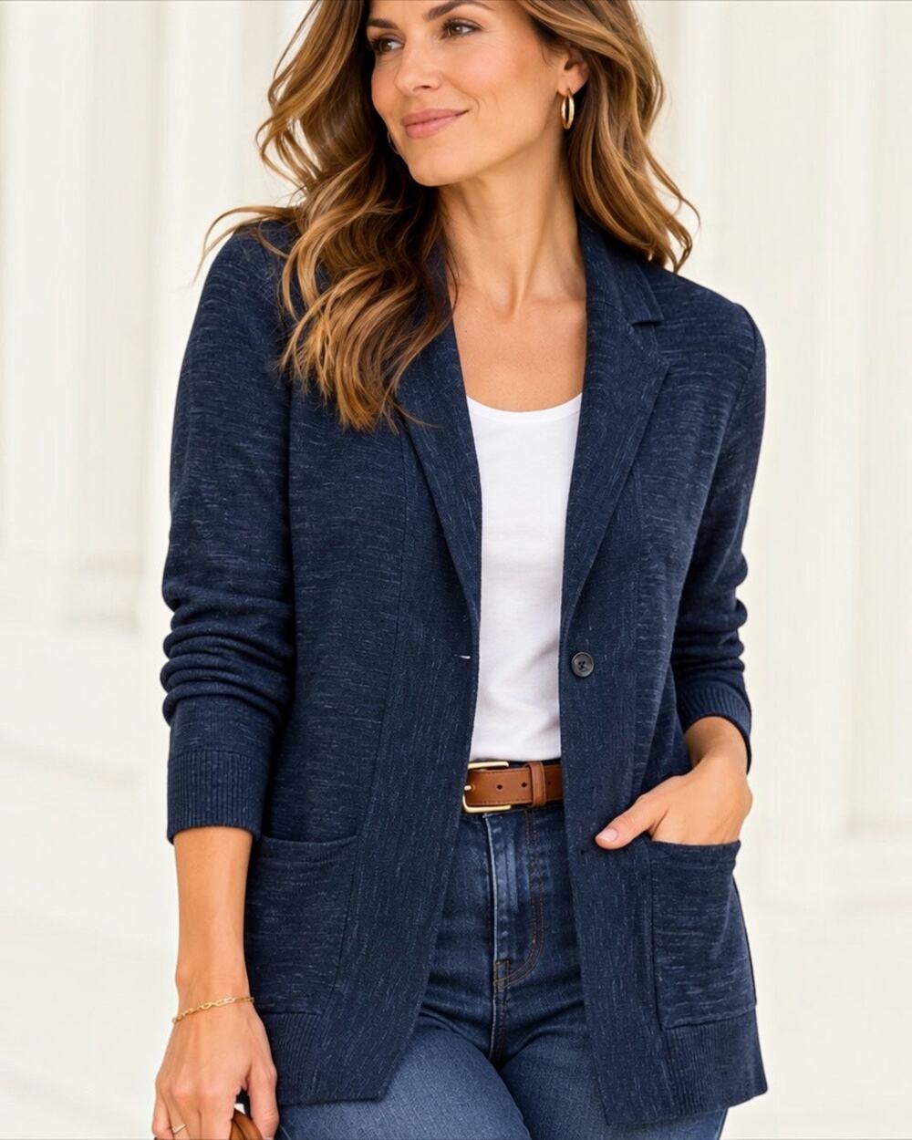 J.Jill Navy Blue Textured Knit Sweater Blazer Jacket Cotton Blend P Medium
